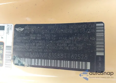 2008 Mini Cooper z USA, uszkodzony, nr VIN WMWMF33588TT62528